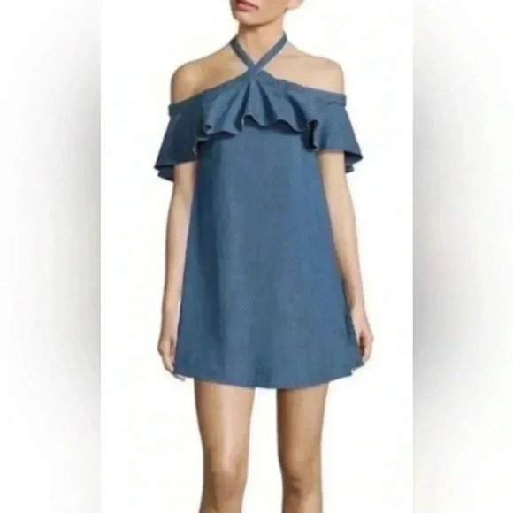 Alice and Olivia linen off shoulder casual sexy day 2nite denim  mini dress M - Picture 1 of 6